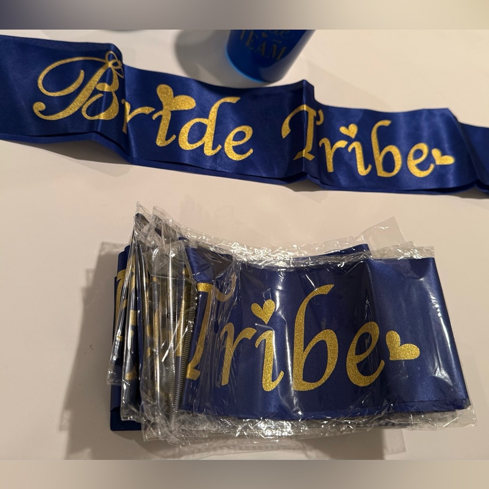 Blue and Gold Bride Tribe Sash & Three cups